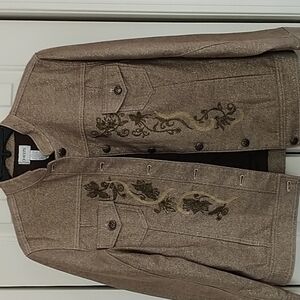 Chico's Gold/Brown Denim Jacket with Embroidery Sz Chico's 1 (Sz 8 or small)